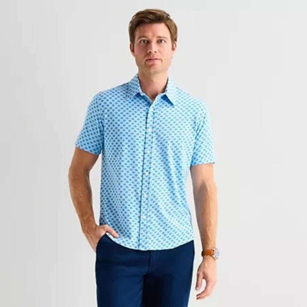 St Johns Bay Medium Camp Shirt Blue Fish Print Art Classic Fit Knit Short Sleeve